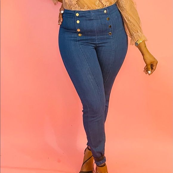 NEW FALL TRENDY DARK BLUE WASH DENIM HIGH WAIST WOMEN JEANS GOLD BUTTON DETAILS - Picture 2 of 12
